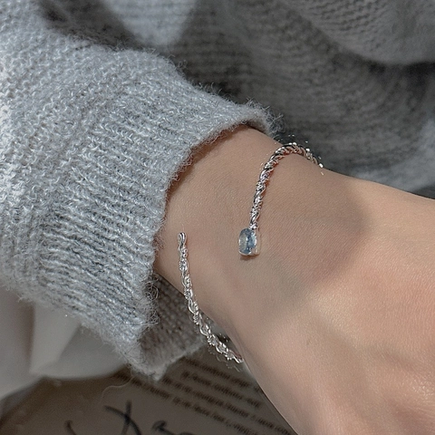 Brazalete Retorcido de Plata de Ley 925 para Mujer Vintage Minimalista Strass Azul Abierto Ajustable Pulsera Joyería de Moda