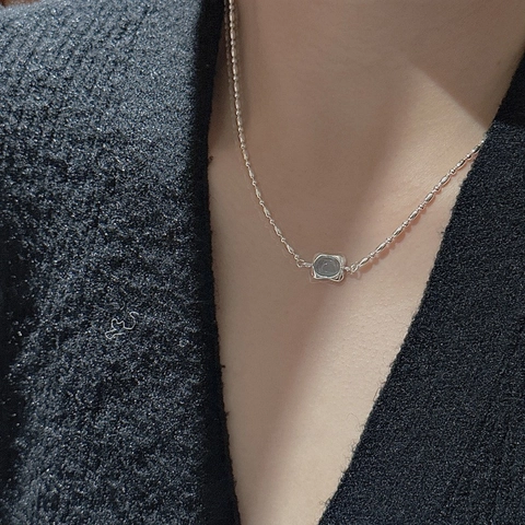 S925 Sterling Silver Minimalist Aquamarine Style Rhinestone Pendant Necklace Korean Fashion Beaded Chain Choker For Women Jewelry