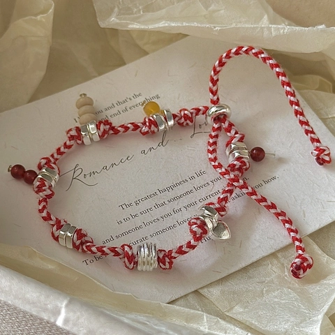 925 Sterling Silver Nomad Style Hand Woven Rope Bracelet For Women Vintage Red White Minimalist Heart Charm Jewelry Gift