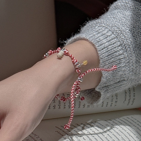 925 Sterling Silver Nomad Style Hand Woven Rope Bracelet For Women Vintage Red White Minimalist Heart Charm Jewelry Gift
