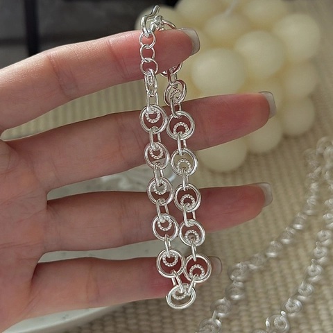 925 Sterlingsilber Koreanisch Vintage Doppel Verschachtelte Ring Kette Armband Für Damen Minimalistisch Geometrischer Schmuck