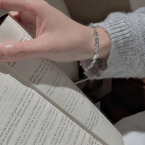 925 Sterling Silver Geometric Hammered Bracelet Vintage Matte Circle Rectangle Piece Link Bracelet For Women Fashion Jewelry