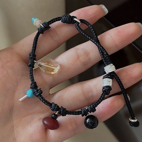 S925 Sterling Silver Black Woven Cord Bracelet For Women Retro Niche Yellow Crystal Agate Adjustable Handmade Jewelry