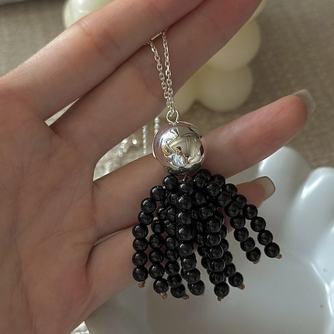 S925 Argento Sterling Collana con Nappina in Agata Nera per Donna Design di Nicchia Retrò Minimalista Pendente Geometrico Catena Gioielli