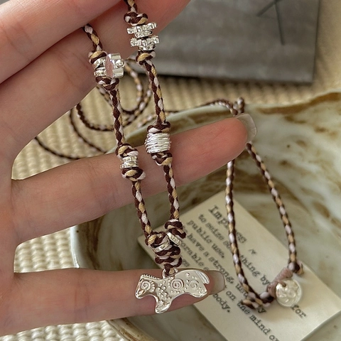 Collier Pendentif Poney Scottish Terrier en Argent Sterling 925 Rétro Style Nomade Cordon Tressé à la Main Collier Long Bijoux Femme