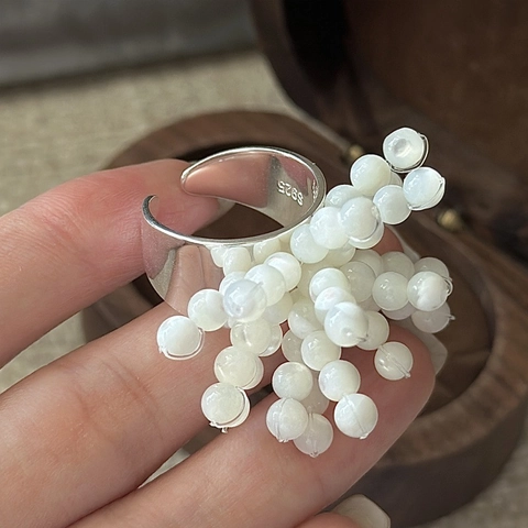 Anello Aperto Regolabile in Argento Sterling S925 Con Perle Artificiali a Grappolo Bianco Minimalista Vintage Stile Coreano Gioielli per Donna