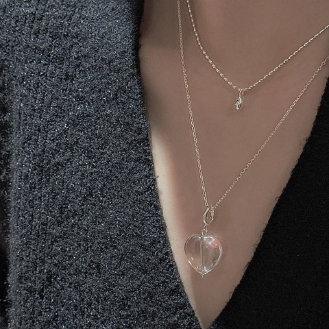 S925 Sterlingsilber Herz Anhänger Halskette Retro Transparent Künstlicher Kristall Herz Charm Halsketten Koreanischer Mode Schmuck
