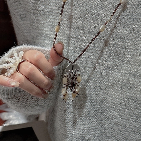 Bohemian 925 Sterling Silver Long Tassel Necklace For Women Brown Coffee Glass Resin Beaded Fringe Sweater Chain Jewelry