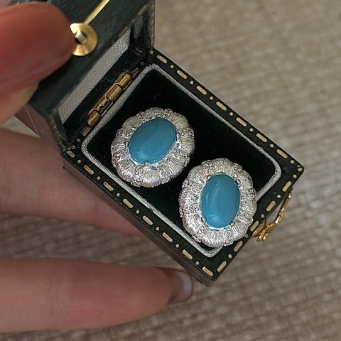 Vintage 925 Sterlingsilber Türkis Ohrstecker Gebürstete Textur Ovaler Blauer Stein Blumenkante Eleganter Schmuck Für Damen