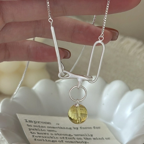 925 Sterling Silver Geometric Pendant Necklace For Women Minimalist Korean Style Yellow Glass Bead Clavicle Chain Jewelry