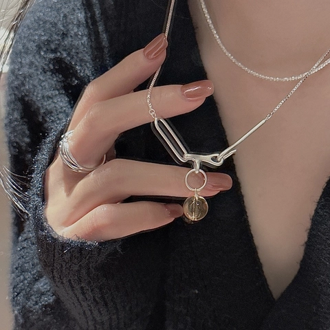 925 Sterling Silver Geometric Pendant Necklace For Women Minimalist Korean Style Yellow Glass Bead Clavicle Chain Jewelry