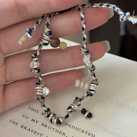 S925 Sterling Silver Heart Pendant Braided Rope Bracelet Retro Nomad Style Handwoven Multi-color Beads Adjustable Jewelry For Women
