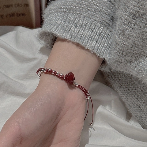 Bracelet Tressé en Cordon Rouge Argent Sterling S925 pour Femme Fait Main Charme Cœur Agate Ajustable Style Coréen Bijoux Chance