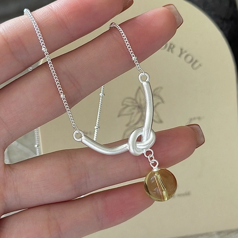 S925 Sterling Silver Pendant Necklace For Women Matte Knot With Yellow Crystal Bead Minimalist Clavicle Chain Jewelry Gift