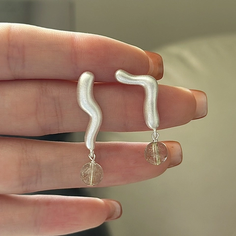S925 Sterling Silver Citrine Drop Earrings For Women Irregular Wave Design Matte Frosted Finish Elegant Vintage Jewelry