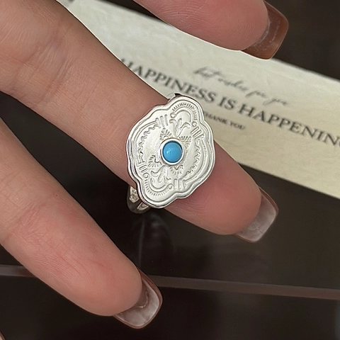Vintage 925 Sterling Silver Turquoise Ring For Women Retro Ethnic Relief Adjustable Open Finger Ring Simple Personality Jewelry Gift