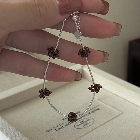 925 Sterling Silver Korean Retro Beaded Bracelet For Women Brown Flower Heart Pendant Elegant Minimalist Fashion Jewelry