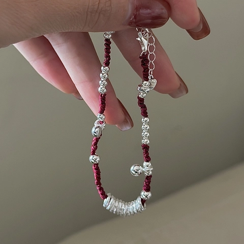 S925 Sterling Silver Red String Bracelet For Women Minimalist Retro Handcrafted Woven Beaded Adjustable Jewelry Gift