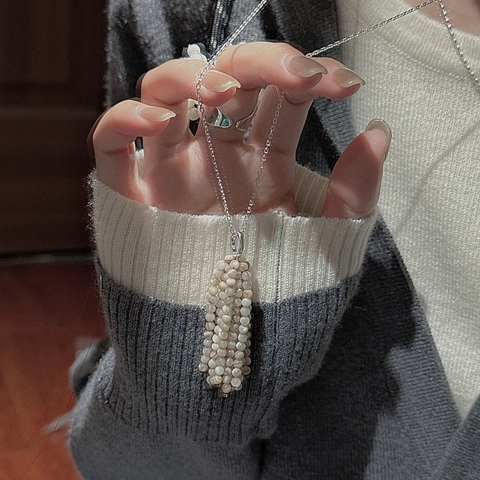 S925 Sterling Silver Beaded Tassel Necklace For Women Vintage Minimalist Artificial Pearl Long Chain Sweater Necklace Jewelry