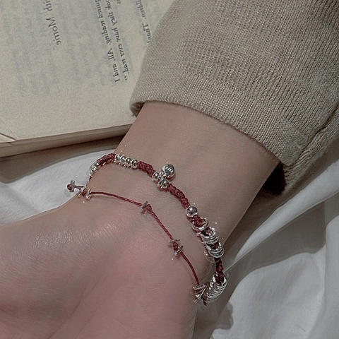 S925 Sterling Silver Red String Bracelet For Women Minimalist Retro Handcrafted Woven Beaded Adjustable Jewelry Gift