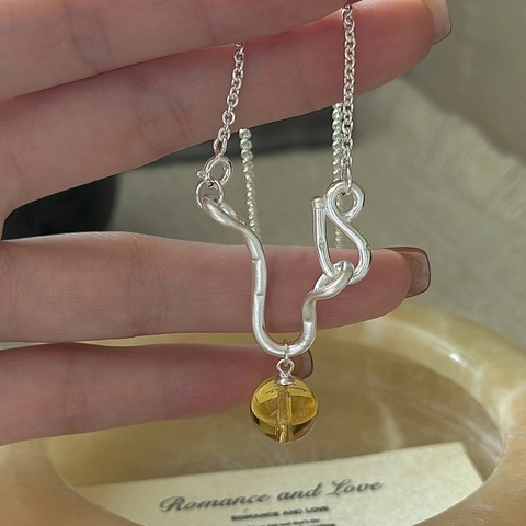 925 Sterlingsilber Gelber Kristall Anhänger Halskette Für Damen Unregelmäßige Welle Geometrische Schlüsselbeinkette Schmuck