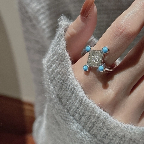 925 Sterling Silver Vintage Korean Niche Design Square Totem Adjustable Open Ring Turquoise Inlaid Chinese Character Ring Jewelry For Women