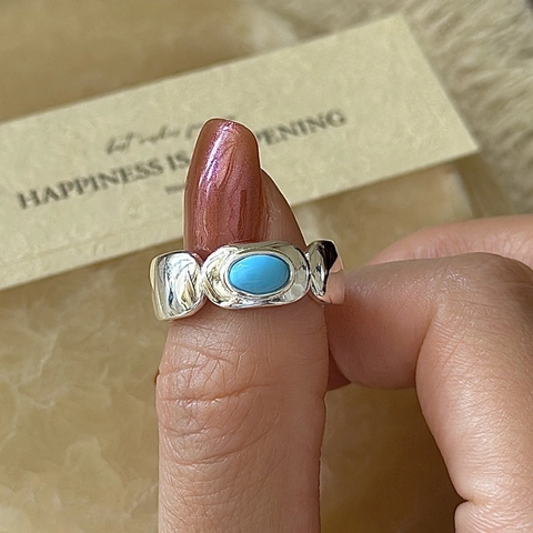 Retro 925 Sterling Silver Open Adjustable Ring For Women Simple Geometric Oval Artificial Turquoise Hammered Fashion Finger Jewelry