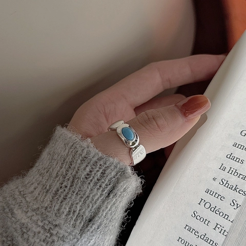 Retro 925 Sterling Silver Open Adjustable Ring For Women Simple Geometric Oval Artificial Turquoise Hammered Fashion Finger Jewelry