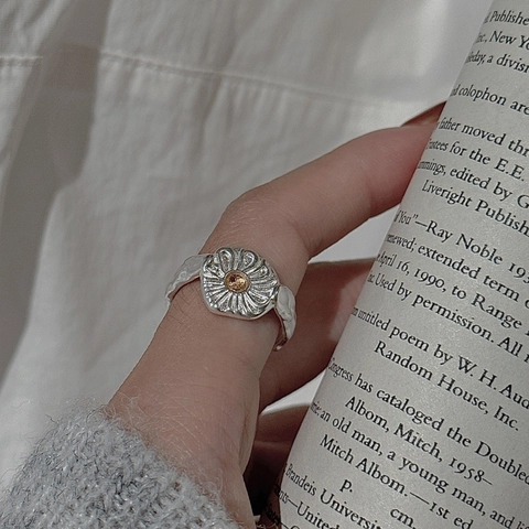 S925 Sterling Silver Daisy Ring For Women Minimalist Adjustable Yellow Zirconia Flower Finger Ring Vintage Jewelry Gift