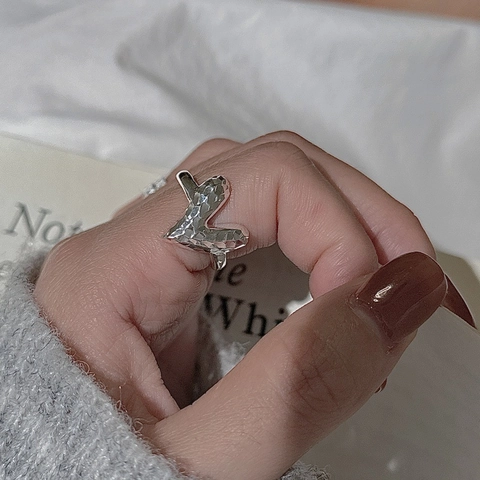 Minimalist 925 Sterling Silver Heart V-Shaped Ring For Women Vintage Faceted Hammered Adjustable Open Finger Ring Jewelry