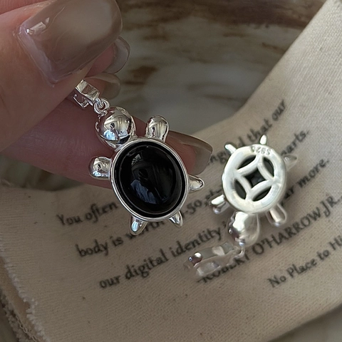 Collana con Pendente Tartaruga in Argento Sterling 925 per Donna Gioielli Regalo con Ciondolo Animale in Strass Nero Stile Coreano Vintage