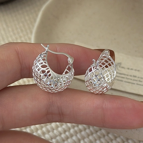 Orecchini a Cerchio Sfera a Rete Cava in Argento Sterling S925 per Donna Gioielli di Moda Design a Griglia Geometrica
