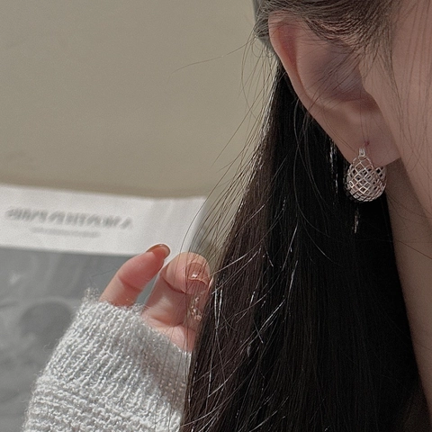 Orecchini a Cerchio Sfera a Rete Cava in Argento Sterling S925 per Donna Gioielli di Moda Design a Griglia Geometrica