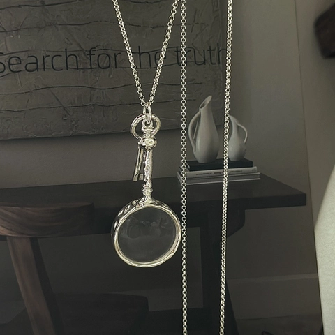 Retro S925 Sterling Silver Magnifying Glass Pendant Necklace For Women Korean Style Long Sweater Chain Hammered Key Design