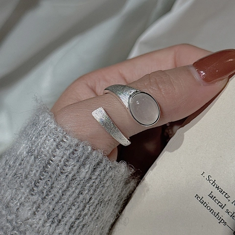Vintage S925 Sterling Silver Brushed Adjustable Ring For Women Niche Design Water Foam Jade Minimalist Korean Style Finger Ring