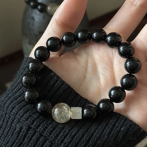 925 Sterling Silver Beaded Bracelet For Women Minimalist Black Agate Gold Rutilated Quartz Brushed Geometric Jewelry