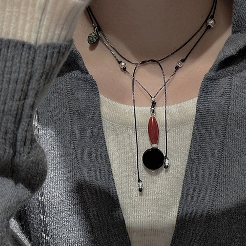 S925 Sterling Silver Agate Pendant Necklace Retro Ethnic Style Long Sweater Chain For Women Minimalist Geometric Jewelry