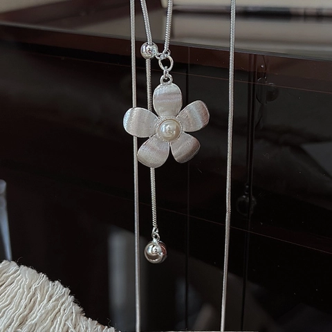 S925 Sterling Silver Flower Pendant Necklace For Women Brushed Finish Adjustable Y-Shape Long Sweater Chain Niche Jewelry Gift