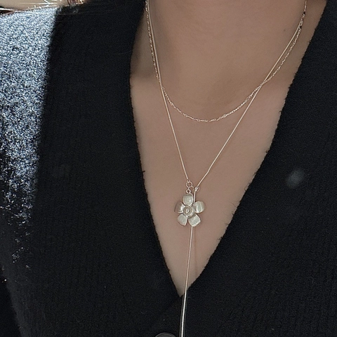 S925 Sterling Silver Flower Pendant Necklace For Women Brushed Finish Adjustable Y-Shape Long Sweater Chain Niche Jewelry Gift