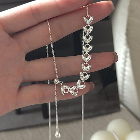 Vintage 925 Sterling Silver Wheat Ear Y-Necklace For Women Minimalist Adjustable Pull Chain Wheatspike Pendant Jewelry
