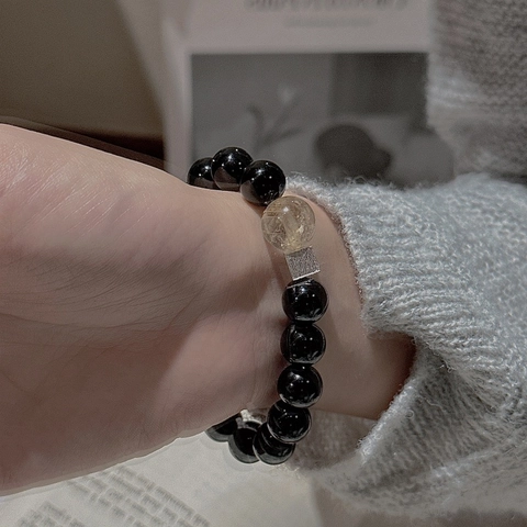 925 Sterling Silver Beaded Bracelet For Women Minimalist Black Agate Gold Rutilated Quartz Brushed Geometric Jewelry
