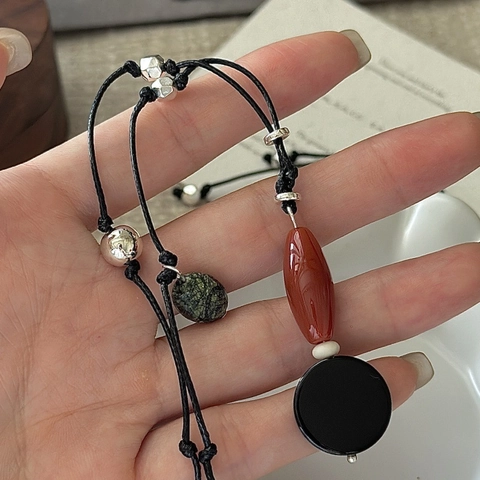 S925 Sterling Silver Agate Pendant Necklace Retro Ethnic Style Long Sweater Chain For Women Minimalist Geometric Jewelry