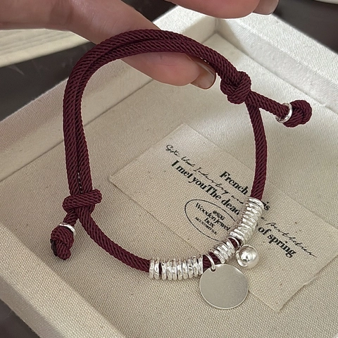 925 Sterling Silver Burgundy Woven Rope Bracelet For Women Korean Vintage Minimalist Adjustable Handwoven Bracelet With Round Tag
