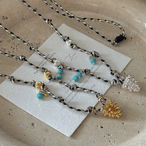 925 Sterling Silver Pine Cone Pendant Necklace Bohemian Braided Rope Chain With Turquoise Color Beads Vintage Jewelry For Women