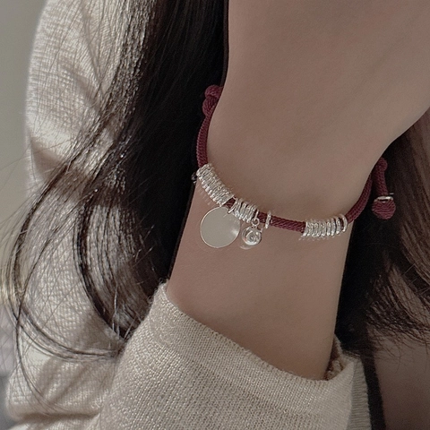 925 Sterling Silver Burgundy Woven Rope Bracelet For Women Korean Vintage Minimalist Adjustable Handwoven Bracelet With Round Tag
