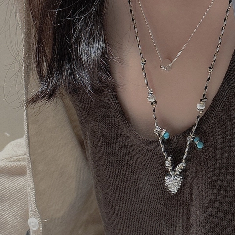 925 Sterling Silver Pine Cone Pendant Necklace Bohemian Braided Rope Chain With Turquoise Color Beads Vintage Jewelry For Women