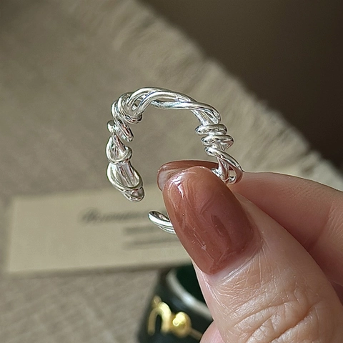 S925 Sterling Silver Twisted Texture Ring For Women Vintage Minimalist Adjustable Open Geometric Woven Finger Ring Jewelry