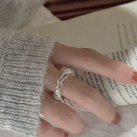 S925 Sterling Silver Twisted Texture Ring For Women Vintage Minimalist Adjustable Open Geometric Woven Finger Ring Jewelry
