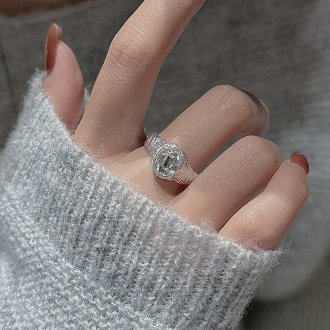 925 Sterling Silver Zirconia Open Ring Korean Niche Design Textured Hammered Adjustable Finger Ring For Women Simple Fashion Jewelry