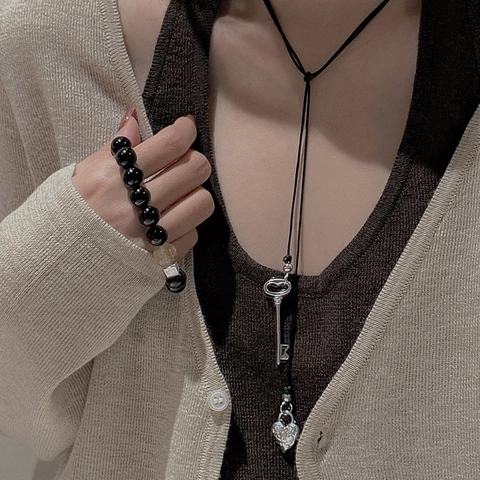925 Sterling Silver Key Heart Lock Pendant Necklace Retro Long Sweater Chain Black Wax Rope For Women Fashion Jewelry